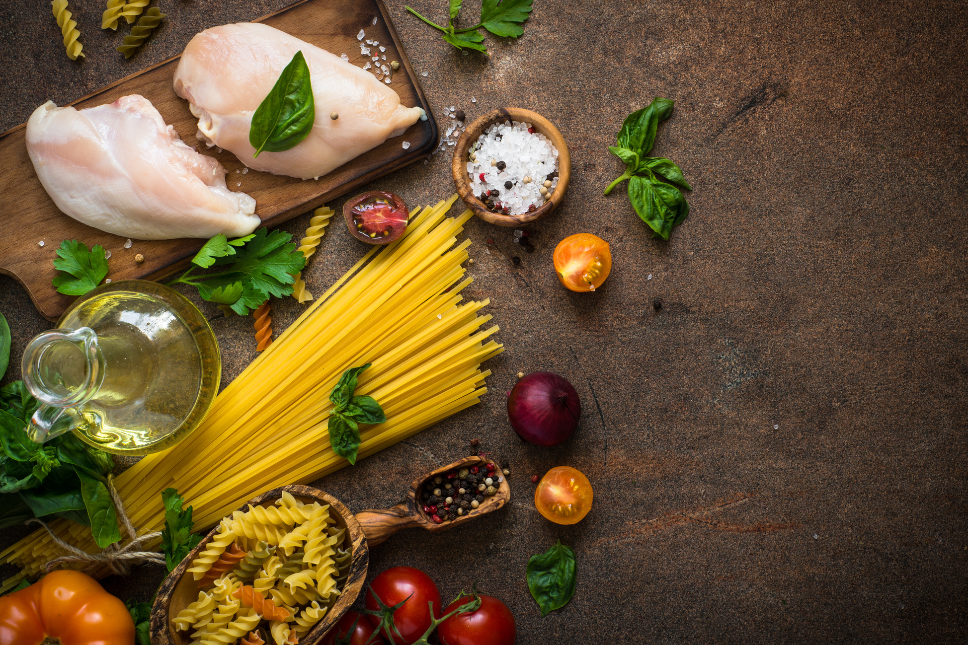 Italian Food Background. Pasta and Meat.